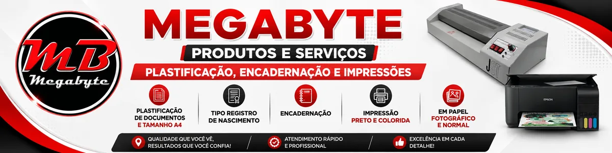 Megabyte: plastificação, encadernação e impressões.